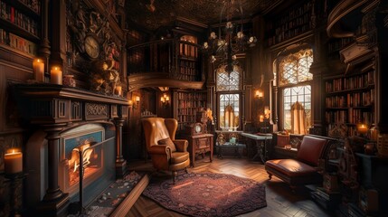Cozy victorian mansion interior with furnitures and cozy armchairs with steampunk touch generative ai