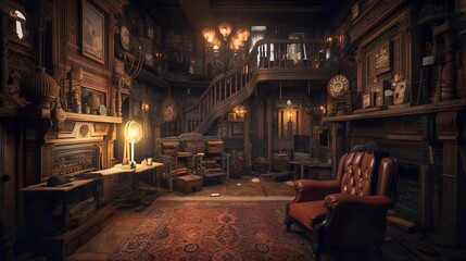 Cozy victorian mansion interior with furnitures and cozy armchairs with steampunk touch generative ai - obrazy, fototapety, plakaty