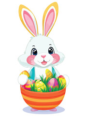 Cute white rabbits in various poses with white backgrounds. colorful Easter eggs vector illustration for kids and adults. Happy Spring holiday