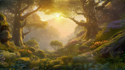 Ethereal sun rays shining through mystical forest