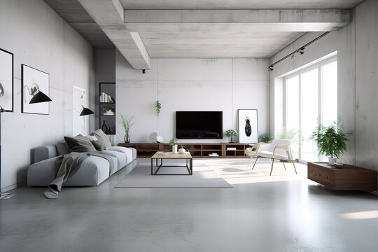 White minimalist living room interior with sofa on a wooden floor, decor on a large wall, white landscape in window. Home Nordic interior | Scandinavian interior poster mock up,Generative AI