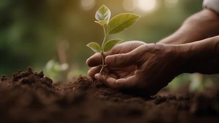 Farmer's hands growing and nourishing trees growing with green and yellow bokeh background. Generative AI