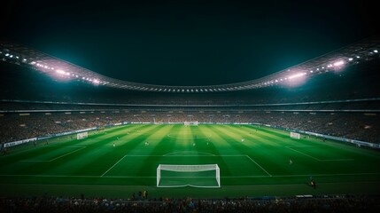 Fototapeta na wymiar Grand stadium full of spectators expecting an evening match on the green grass field, Generative AI