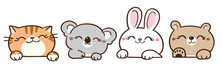 Vector Illustration of Cute Cartoon Cat, Koala, Rabbit and Bear Head Characters on Isolated Background
