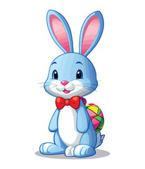 Cute white rabbits in various poses with white backgrounds. colorful Easter eggs vector illustration for kids and adults. Happy Spring holiday