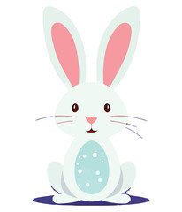 Cute white rabbits in various poses with white backgrounds. colorful Easter eggs vector illustration for kids and adults. Happy Spring holiday
