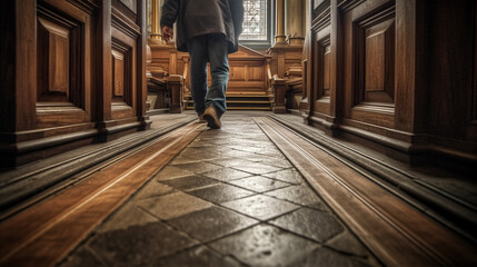 Man enters church. View from behind to man walking along corridor of temple. Generative AI. 