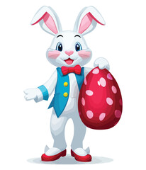 Cute white rabbits in various poses with white backgrounds. colorful Easter eggs vector illustration for kids and adults. Happy Spring holiday