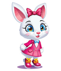 Cute white rabbits in various poses with white backgrounds. colorful Easter eggs vector illustration for kids and adults. Happy Spring holiday