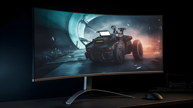 Curved gaming computer monitor with gaming wallpaper