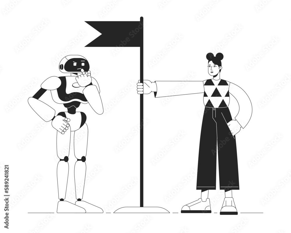 Poster ai bot training black and white concept vector spot illustration. editable 2d flat monochrome cartoo
