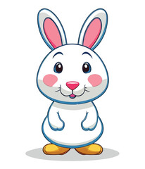Obraz premium Cute white rabbits in various poses with white backgrounds. colorful Easter eggs vector illustration for kids and adults. Happy Spring holiday