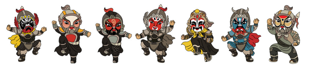 Peking Opera. Set of vector illustrations of cartoon characters in the traditional chinese opera style.