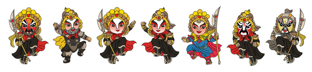 Set of cartoon Chinese opera in traditional costume. Vector illustration isolated on light background.
