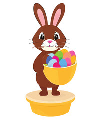 Cute white rabbits in various poses with white backgrounds. colorful Easter eggs vector illustration for kids and adults. Happy Spring holiday