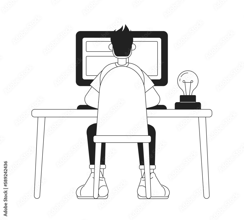 Poster guy sitting at table with computer monochromatic flat vector character. linear hand drawn sketch. ed