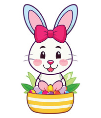 Cute white rabbits in various poses with white backgrounds. colorful Easter eggs vector illustration for kids and adults. Happy Spring holiday