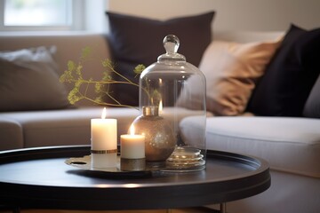 Fototapeta na wymiar Luxurious white tray decoration, home interior decor with burning candle | Modern living room interior, Generative AI
