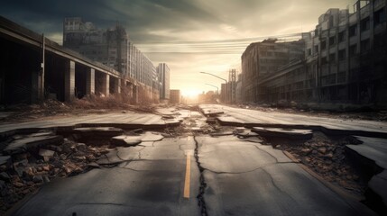 A desolate urban road damaged by disaster, with sunlight in the distance.