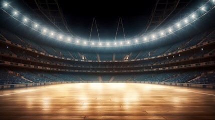 Fototapeta na wymiar In the fighting cage. Sport stadium with grandstands full of fans, shining night lights and wooden deck, Digital 3D illustration of sport stadium for background use, Generative AI