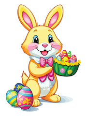 Cute white rabbits in various poses with white backgrounds. colorful Easter eggs vector illustration for kids and adults. Happy Spring holiday