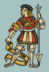 Cartoon illustration of a medieval knight with a sword and shield.