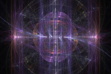 Purple pattern of curved waves and rays on a black background. Abstract fractal 3D rendering