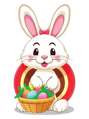 Cute white rabbits in various poses with white backgrounds. colorful Easter eggs vector illustration for kids and adults. Happy Spring holiday