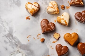 Fototapeta premium Heart shaped chocolate pralines on marble table. Top view. Copy space. Generative ai.