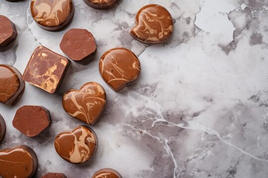 Chocolate pralines in various shapes on marble table. Flat lay. Copy space. Generative ai.