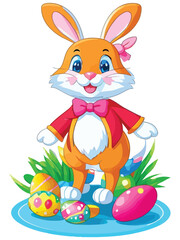 Cute white rabbits in various poses with white backgrounds. colorful Easter eggs vector illustration for kids and adults. Happy Spring holiday