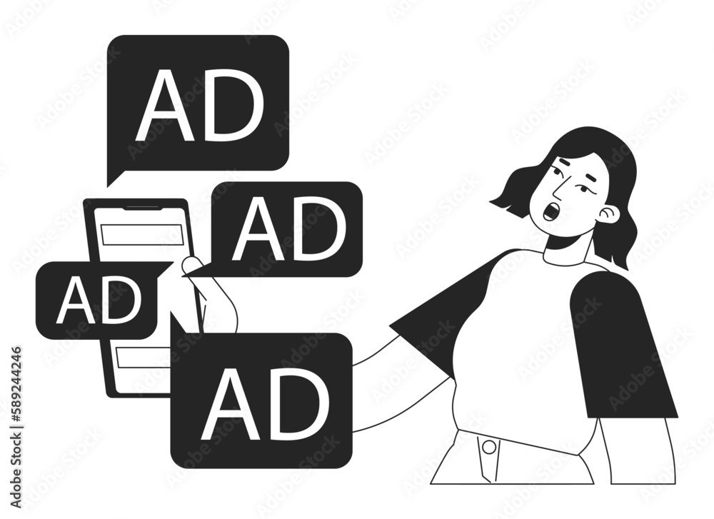 Poster digital ads overload black and white concept vector spot illustration. editable monochrome cartoon c
