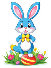 Cute white rabbits in various poses with white backgrounds. colorful Easter eggs vector illustration for kids and adults. Happy Spring holiday