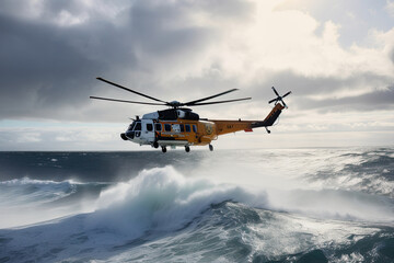 Fototapeta na wymiar Search and rescue operation in sea. Emergency rescue helicopter flies over sea surface, looking for victims after crash. Created with Generative AI