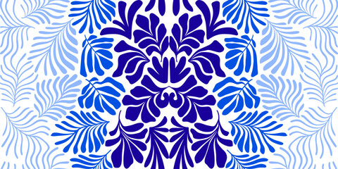 Blue white abstract background with tropical palm leaves in Matisse style. Vector seamless pattern with Scandinavian cut out elements.