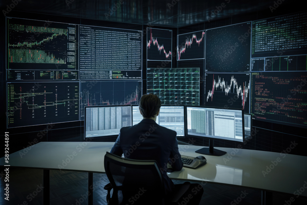 Poster trader at workplace analising stock exchange graphs. man sitting at table, looking at screen with st