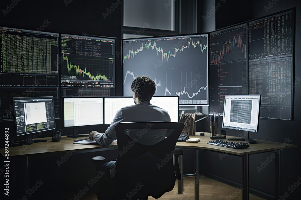 Poster trader at workplace analising stock exchange graphs. man sitting at table, looking at screen with st