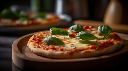 Obraz na płótnie Canvas Authentic Margherita Pizza with Fresh Mozzarella and Basil on Wooden Board. Generative AI