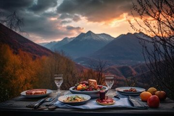 Set table at outdoor terrace. Romantic dinner with view of mountain at sunset. Created with Generative AI
