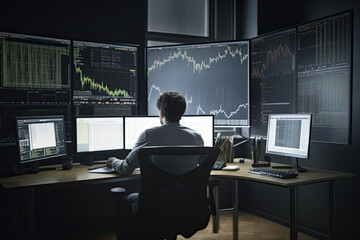 Trader at workplace analising stock exchange graphs. Man sitting at table, looking at screen with stock market charts. Financial crisis and inflation. Created with Generative AI
