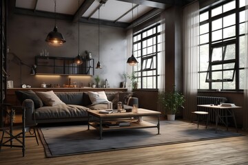 High ceiling loft living room 3d render. There are white brick wall,polished concrete floor and black steel structure,There are large windows look out to see the nature ,Generative AI