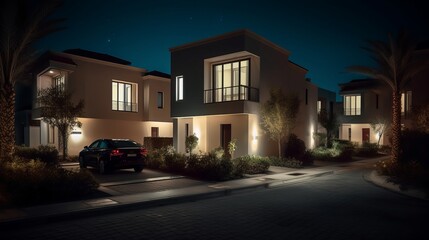 modern generic contemporary style villa neighborhood at night, Generative AI - obrazy, fototapety, plakaty