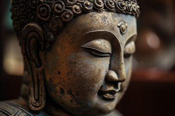 Fototapeta na wymiar Spiritual Buddha metal statue meditating close up macro with serene peaceful happy face. Buddhist religion. Zen and enlightenment idea. Ai generated