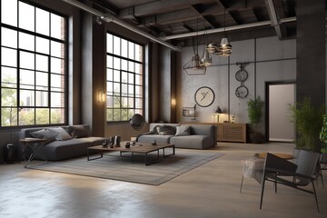 Obraz na płótnie Canvas High ceiling loft living room 3d render. There are white brick wall,polished concrete floor and black steel structure,There are large windows look out to see the nature ,Generative AI