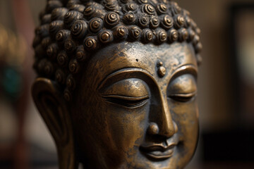 Fototapeta na wymiar Spiritual Buddha metal statue meditating close up macro with serene peaceful happy face. Buddhist religion. Zen and enlightenment idea. Ai generated