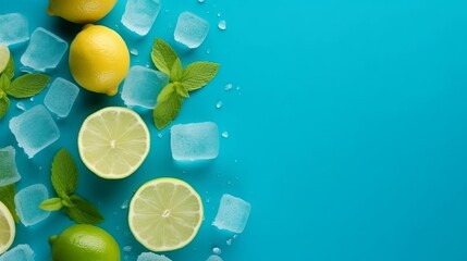 Overhead photo of pile of limes lemon cubes of ice mint and drops isolated on the blue background with blank space, Generative AI © Maree