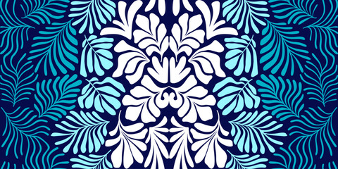 Blue white abstract background with tropical palm leaves in Matisse style. Vector seamless pattern with Scandinavian cut out elements.