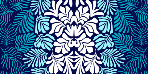 Blue white abstract background with tropical palm leaves in Matisse style. Vector seamless pattern with Scandinavian cut out elements.