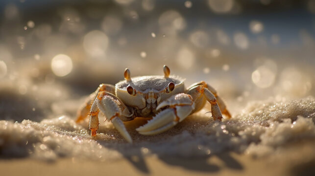 A crab crawls on a sandy beach under the bright sun. The waves of the sea can be seen in the background . Generative AI