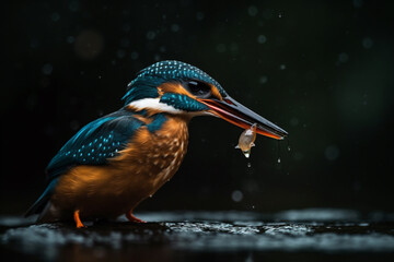 the beauty of nature as a kingfisher catches a fish in cinematic lighting, Generative AI